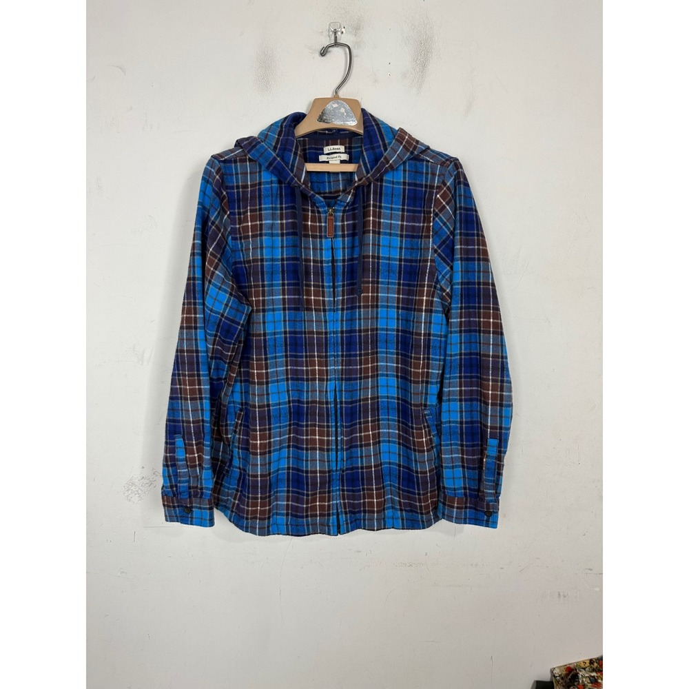 LL Bean Relaxed Fit Flannel Full Zip Hoodie Blue Brown Plaid Cotton XL 502092